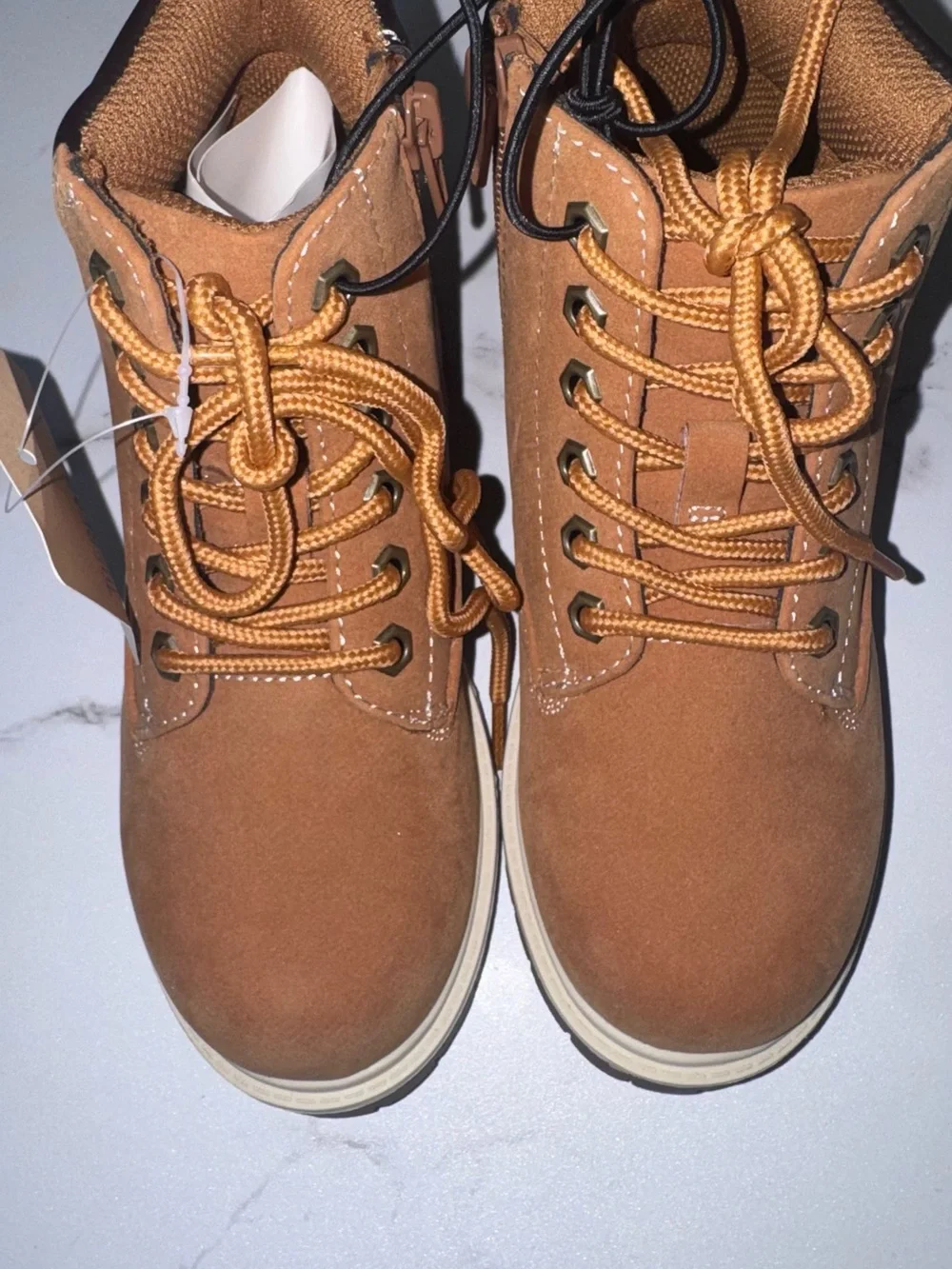 Kids Suede Lace-Up Ankle Boots in Tan with Brown Collar